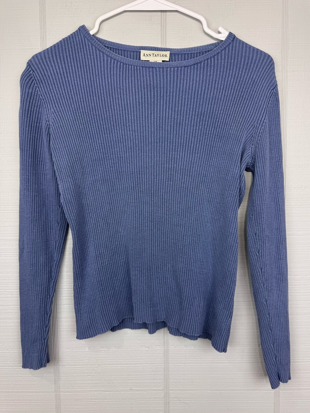 Vintage Ann Taylor Blue Silk Ribbed Top 3/4 Sleeves Size XS